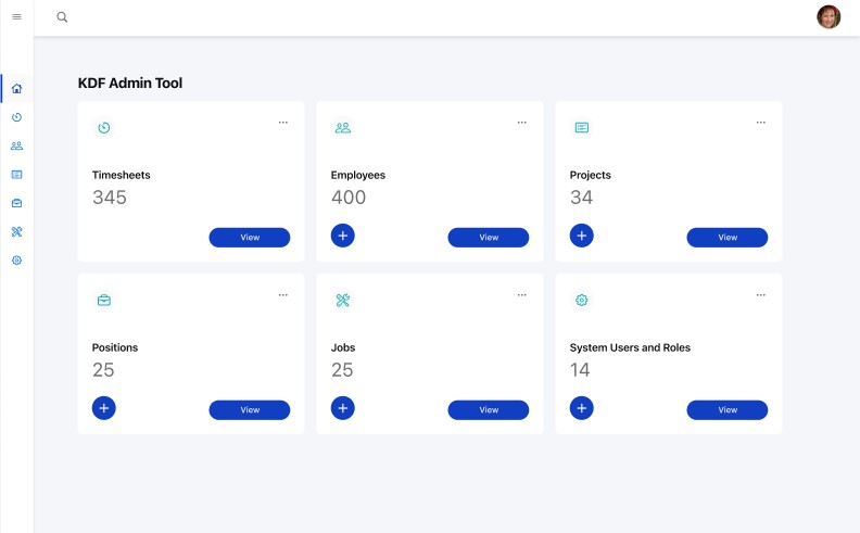 Dashboard administrativo: hojas de tiempo, empleados, proyectos y trabajos de un vistazo.