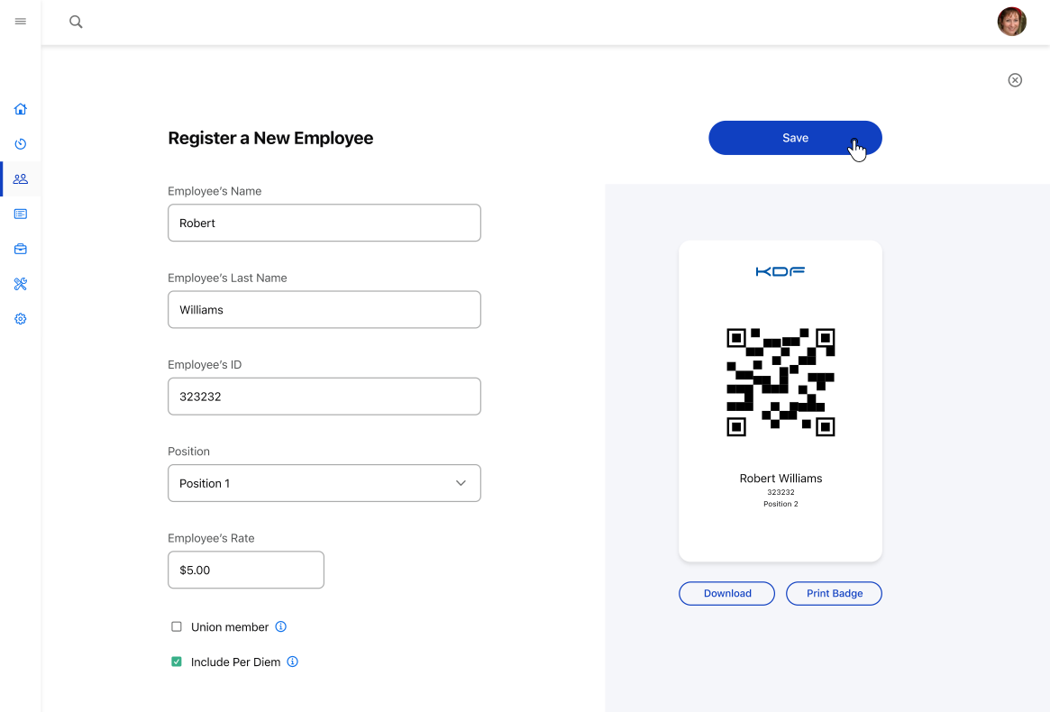Alta de empleados con credencial QR generada automáticamente para marcaje en campo.